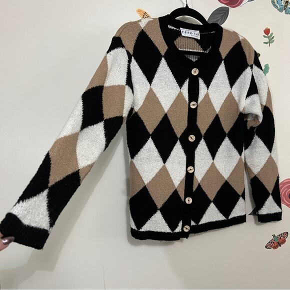 Vintage Sweaters - Vintage Harlequin Argyle Knit Cardigan S